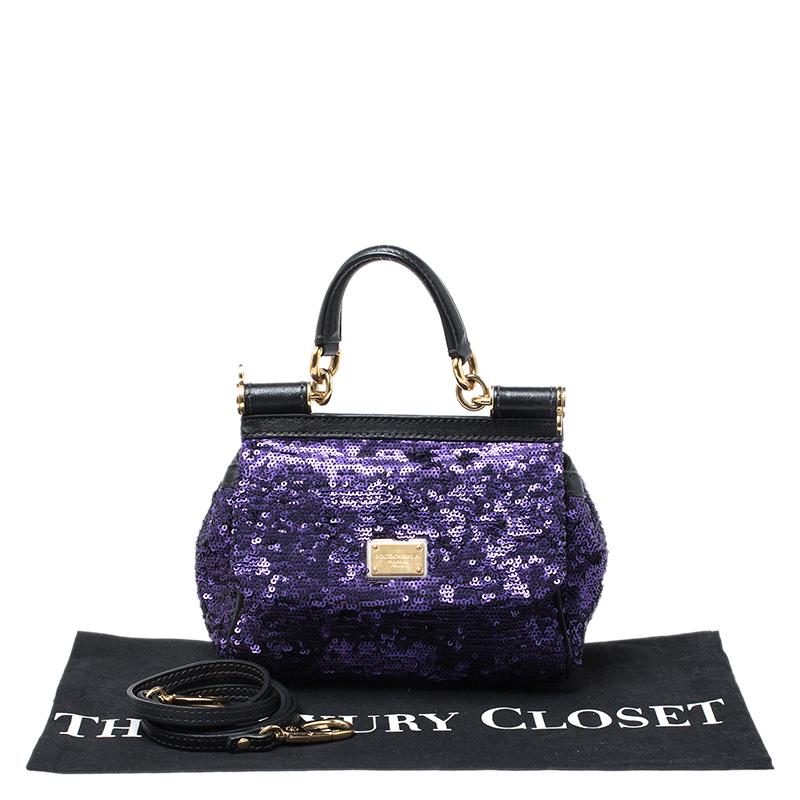 Dolce and Gabbana Purple/Black Sequin Leather Small Miss Sicily Top Handle Bag 4
