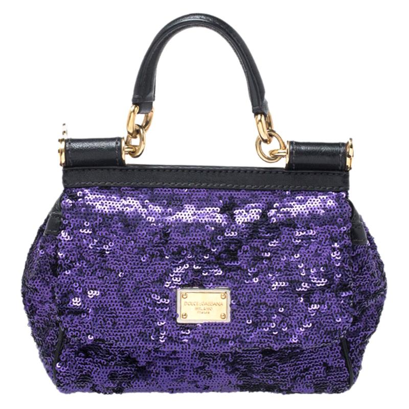 Dolce and Gabbana Purple/Black Sequin Leather Small Miss Sicily Top Handle Bag