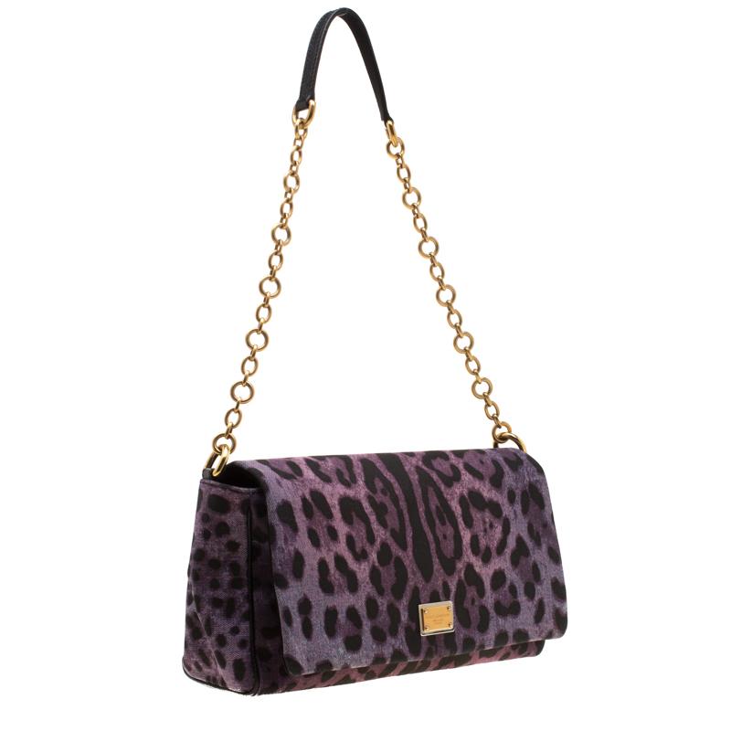 Dolce and Gabbana Purple Leopard Print Canvas and Leather Flap Shoulder Bag In Good Condition In Dubai, Al Qouz 2
