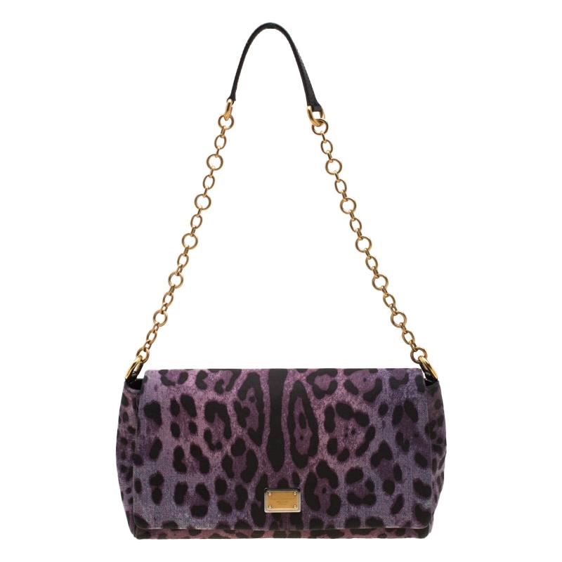 Dolce and Gabbana Purple Leopard Print Canvas and Leather Flap Shoulder Bag