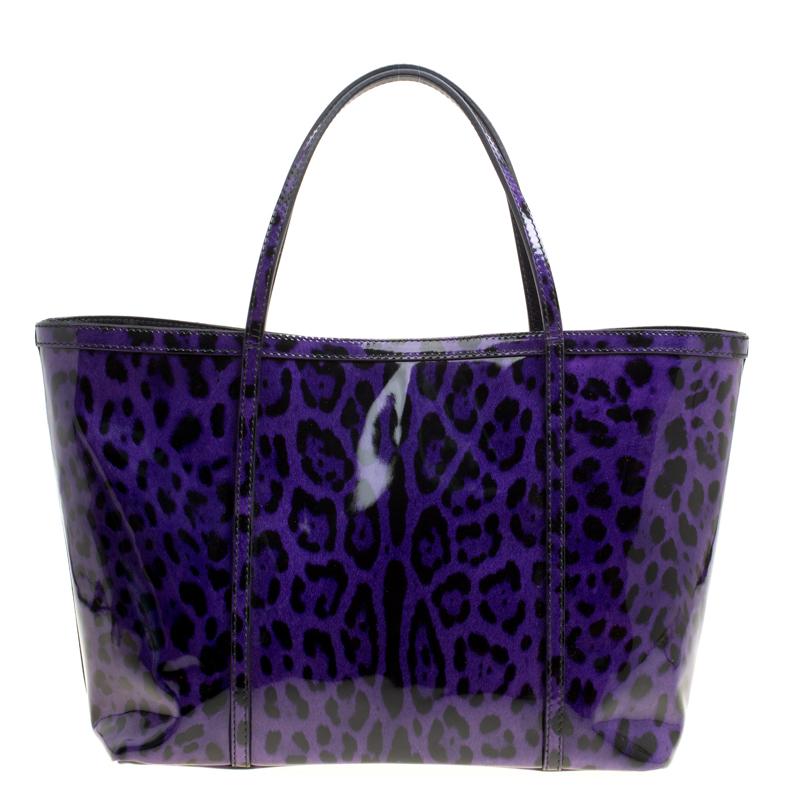 Dolce and Gabbana Purple Leopard Print Patent Leather Miss Escape Tote In Excellent Condition In Dubai, Al Qouz 2