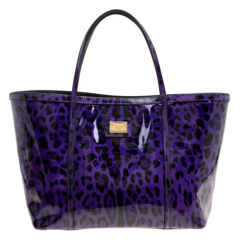 Dolce and Gabbana Purple Leopard Print Patent Leather Miss Escape Tote