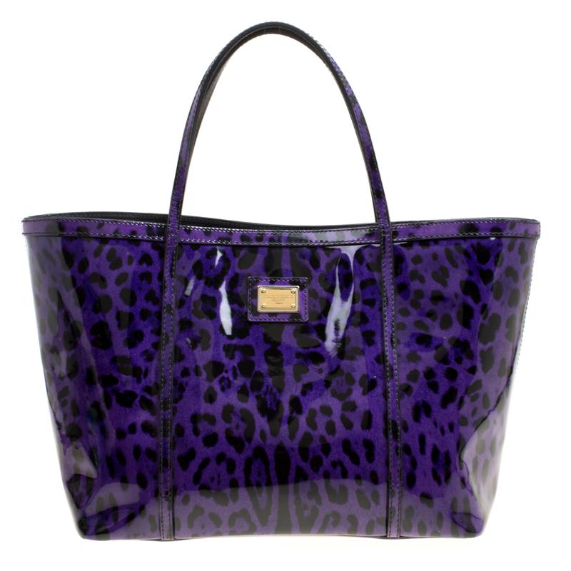 Dolce and Gabbana Purple Leopard Print Patent Leather Miss Escape Tote