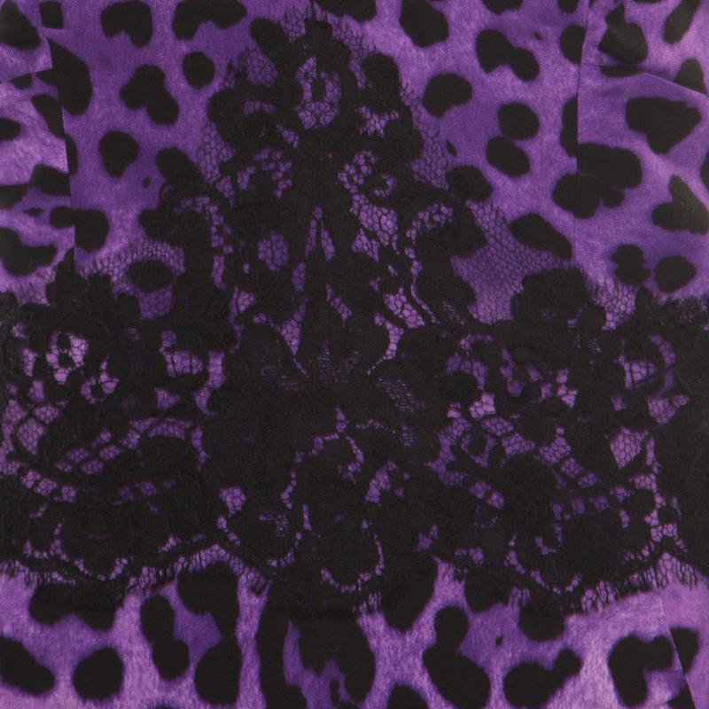 Dolce and Gabbana Purple Leopard Printed Silk Lace Trim Ruched Maxi Dress M In Good Condition In Dubai, Al Qouz 2