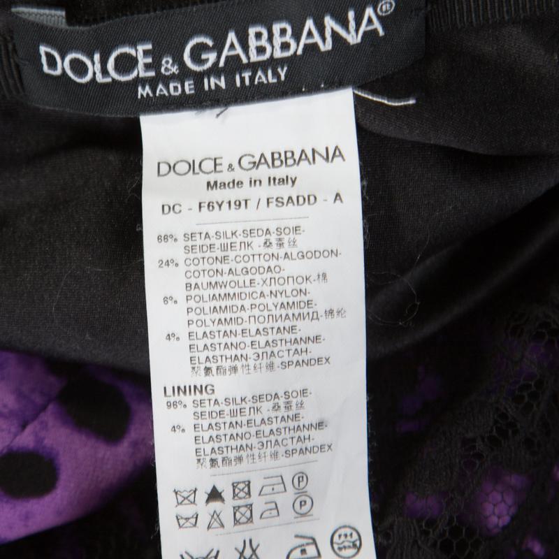 Women's Dolce and Gabbana Purple Leopard Printed Silk Lace Trim Ruched Maxi Dress M