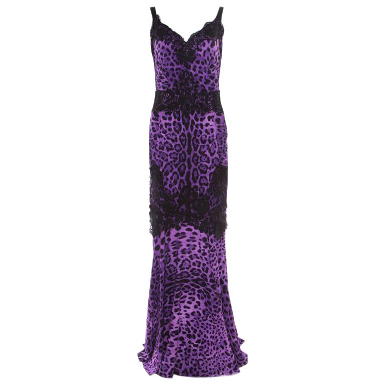 Dolce and Gabbana Purple Leopard Printed Silk Lace Trim Ruched Maxi Dress M