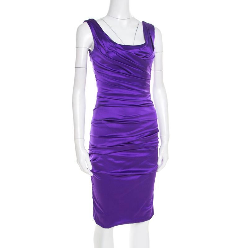 Dolce and Gabbana Purple Stretch Satin Ruched Sleeveless Dress S In Good Condition In Dubai, Al Qouz 2