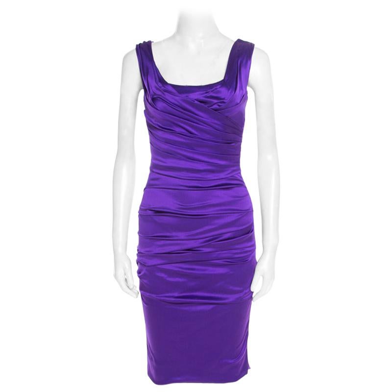 Dolce and Gabbana Purple Stretch Satin Ruched Sleeveless Dress S