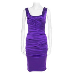 Dolce and Gabbana Purple Stretch Satin Ruched Sleeveless Dress S
