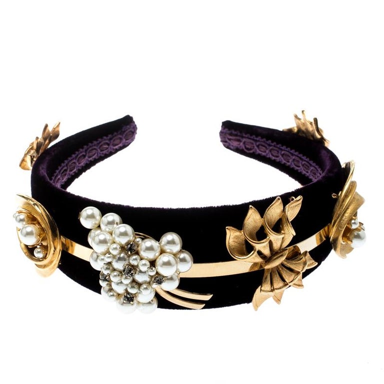 Dolce and Gabbana Purple Velvet Faux Pearl Embellished Gold Tone ...