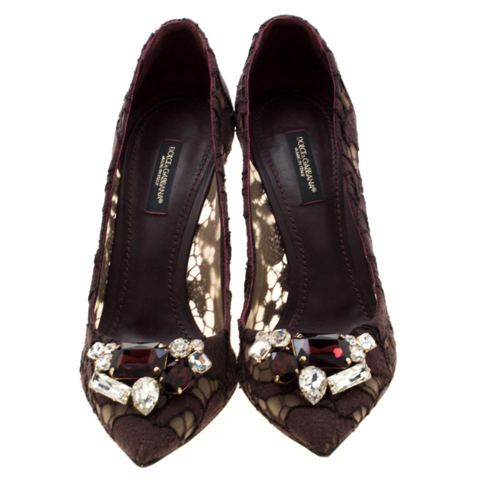 Lend your style game an instant boost with these stunning Dolce and Gabbana Pointed Toe Pumps. Look your classy best wearing these crystal embellished pumps in purple wine colour; perfect for a special evening-out.

Includes: The Luxury Closet