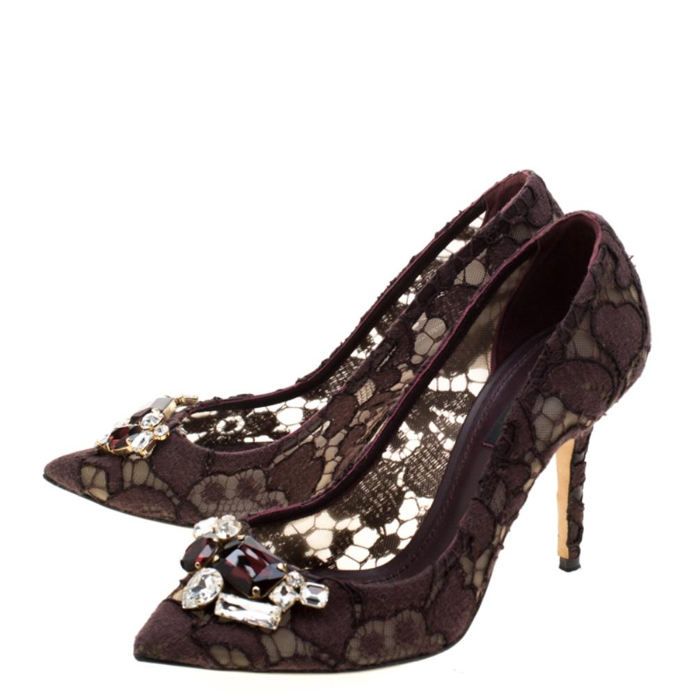 Dolce and Gabbana Purple Wine Lace Crystal Embellished Pointed Toe Pumps Size 37 2