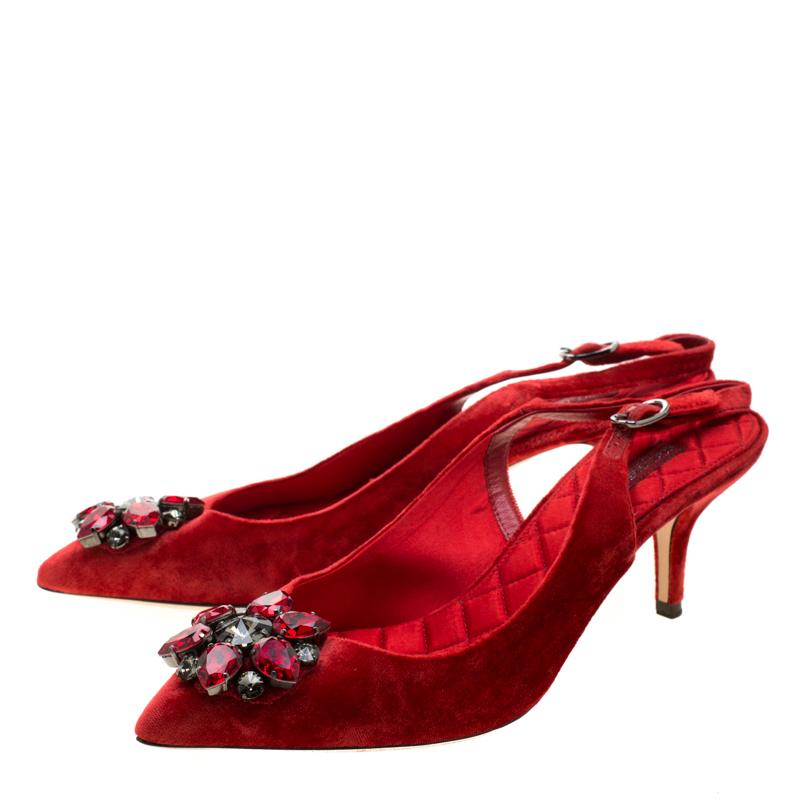 Dolce And Gabbana Red Bellucci Embellished Pointed Toe Slingback Sandals Size 38 1