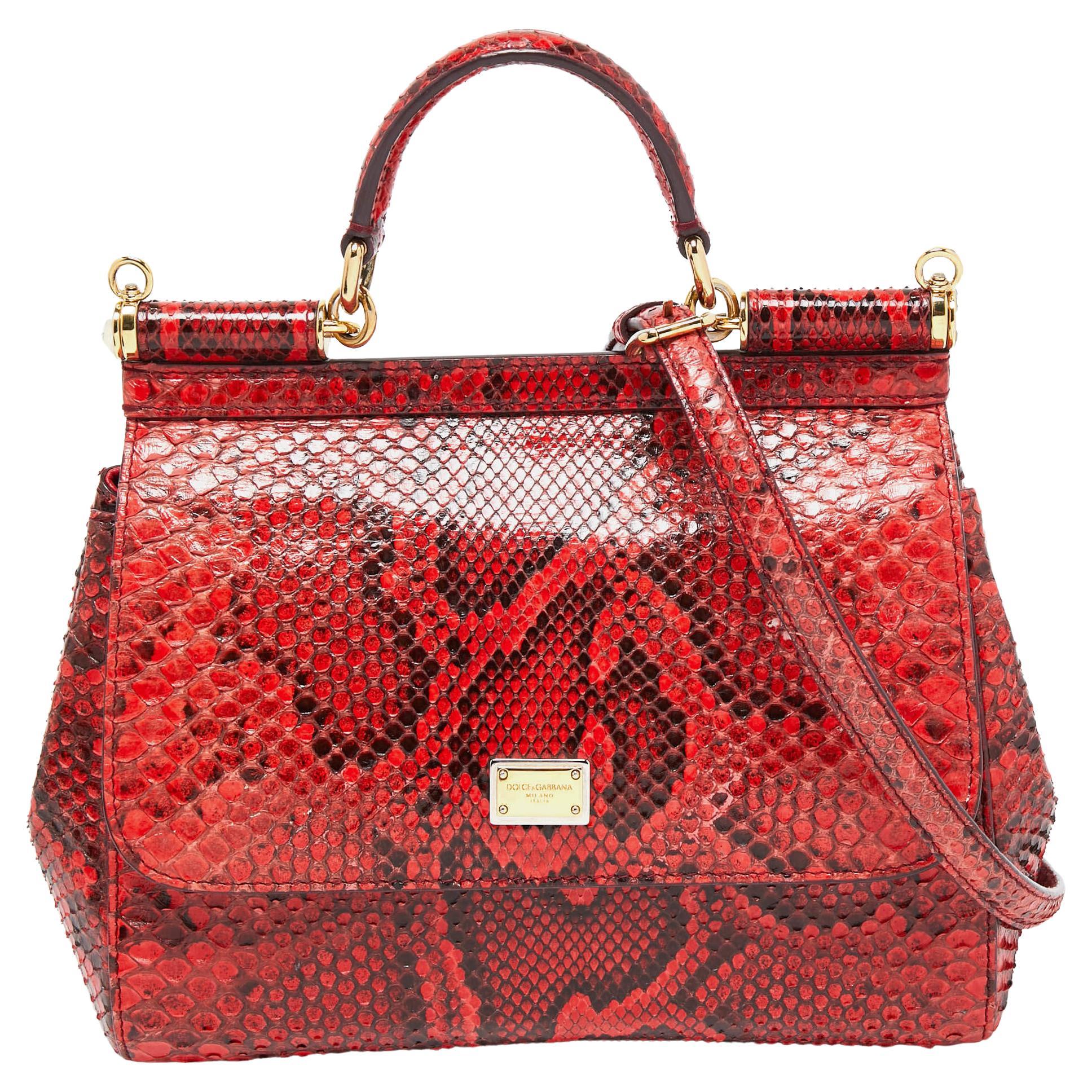Dolce and Gabbana Red/Black Python Medium Miss Sicily Top Handle Bag