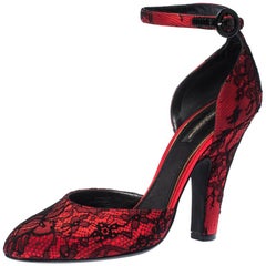 Dolce and Gabbana Red/Black Satin and Lace Ankle Strap D'orsay Pumps Size 40