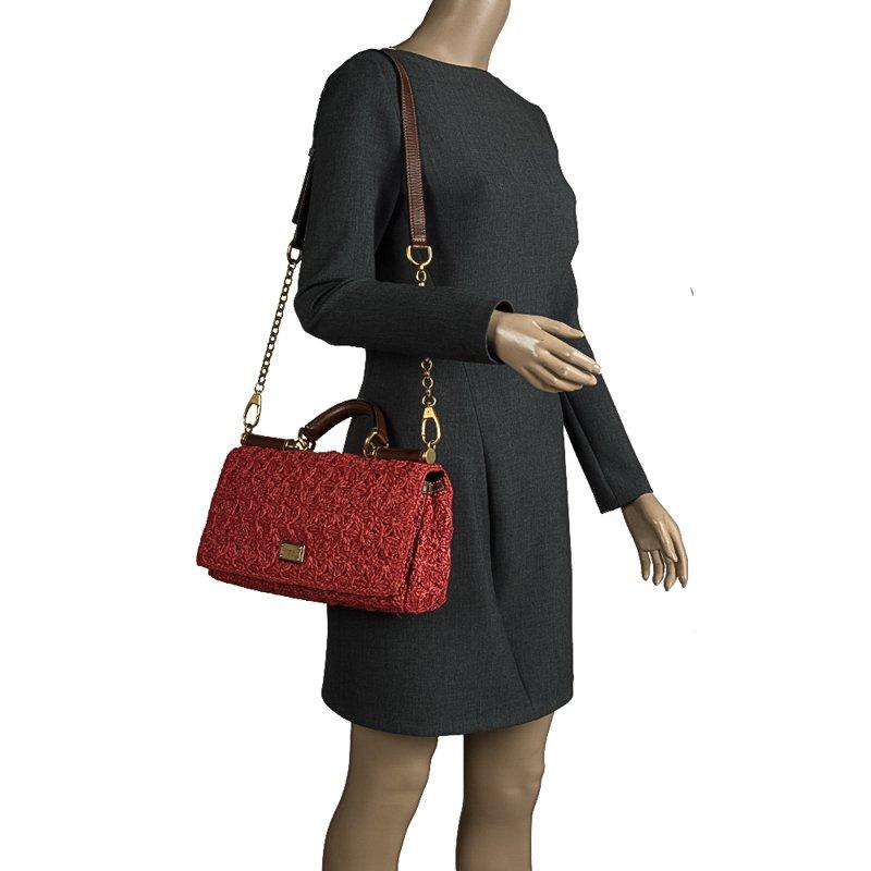 Dolce and Gabbana Red Crochet Raffia Miss Sicily Shoulder Bag In Good Condition In Dubai, Al Qouz 2