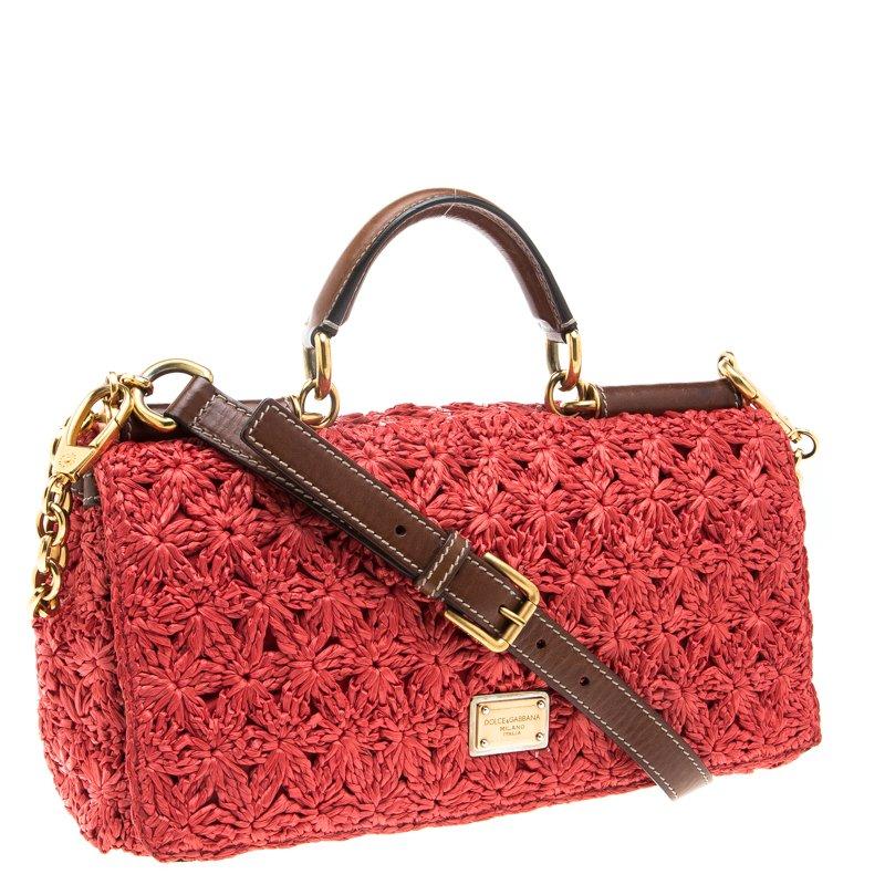Women's Dolce and Gabbana Red Crochet Raffia Miss Sicily Shoulder Bag