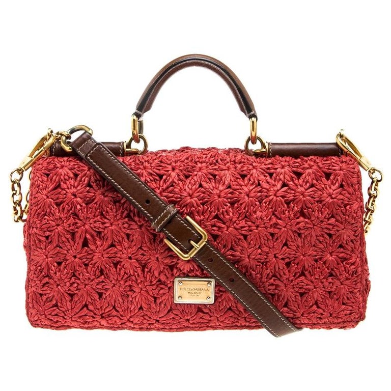 Dolce and Gabbana Red Crochet Raffia Miss Sicily Shoulder Bag For Sale