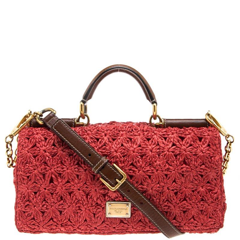Dolce and Gabbana Red Crochet Raffia Miss Sicily Shoulder Bag