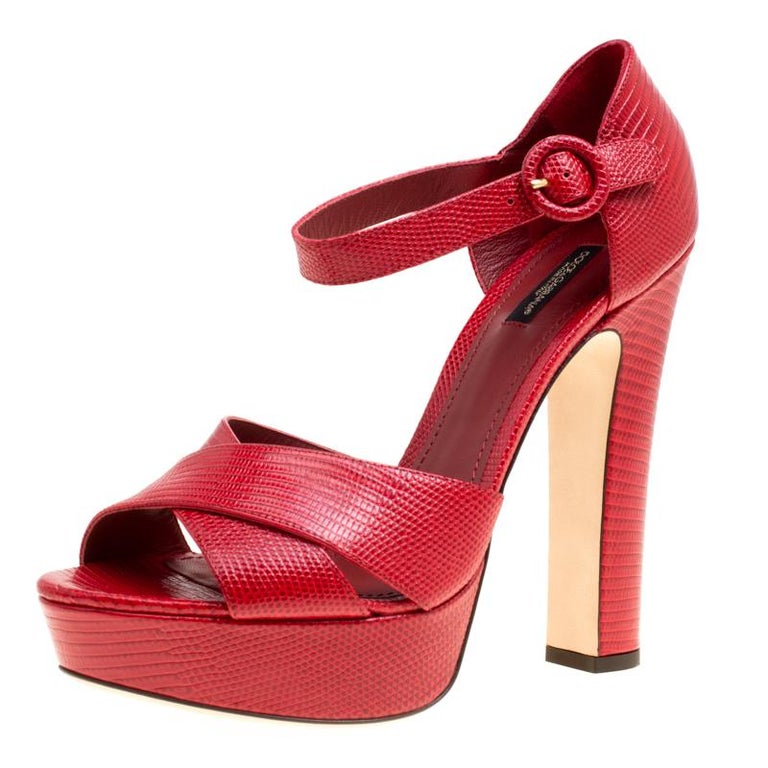 Dolce and Gabbana Red Embossed Lizard Leather Cross Strap Platform ...