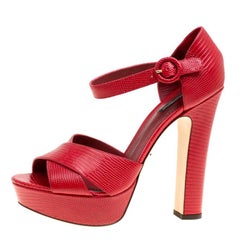 Dolce and Gabbana Red Embossed Lizard Leather Cross Strap Platform Sandals Size 