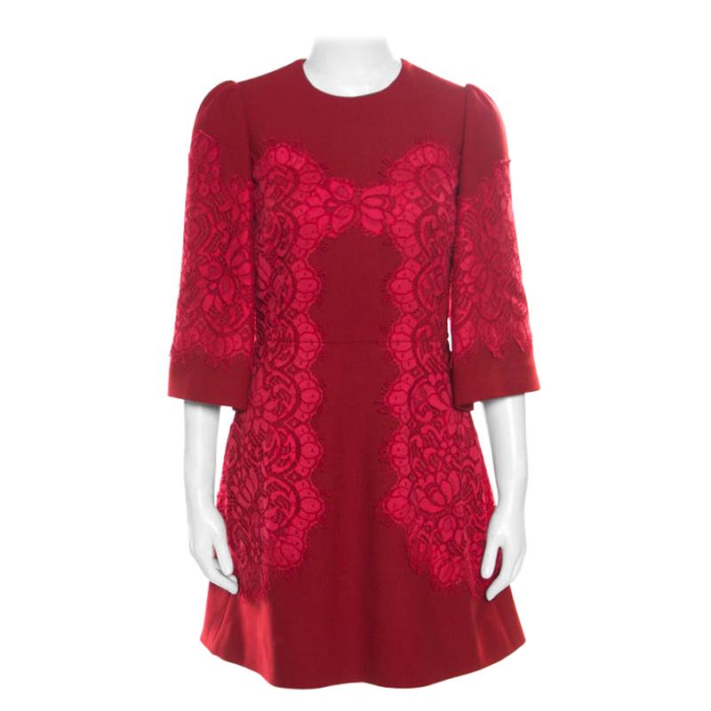 Dolce and Gabbana Red Floral Lace Applique Detail Fit and Flare Dress S