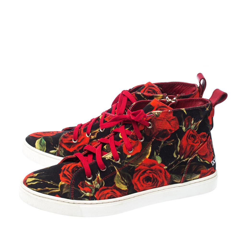 Dolce and Gabbana Red Floral Print Canvas High Top Sneakers Size 40 In Good Condition In Dubai, Al Qouz 2