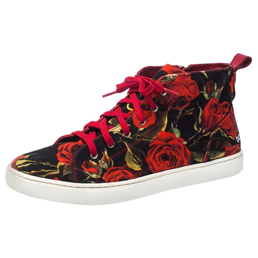 Dolce and Gabbana Red Floral Print Canvas High Top Sneakers Size 40