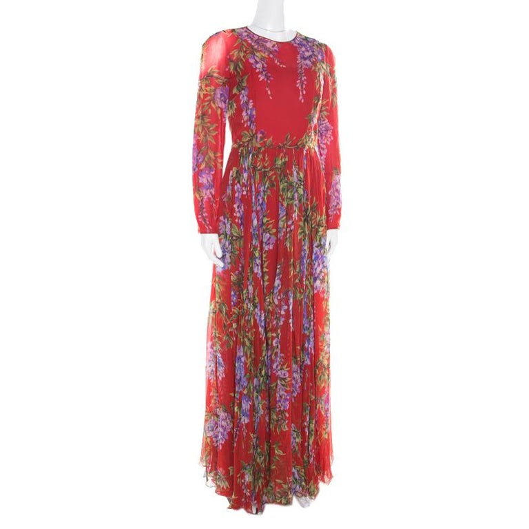 Dolce and Gabbana Red Floral Printed Silk Long Sleeve Maxi Dress M For ...
