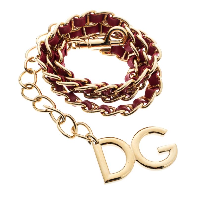 Beige Dolce and Gabbana Red Interlaced Leather Gold Tone Chain Belt