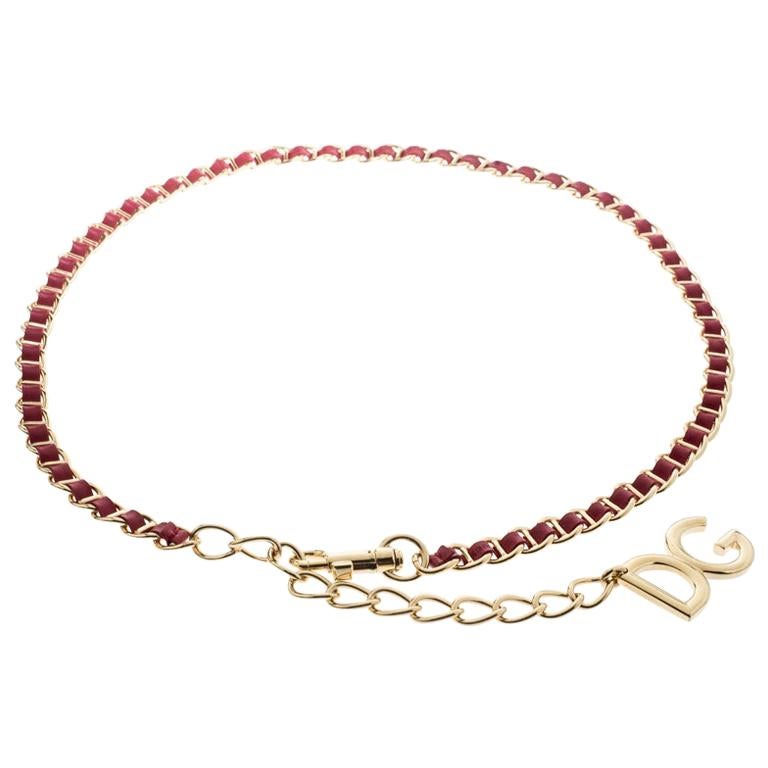 Dolce and Gabbana Red Interlaced Leather Gold Tone Chain Belt