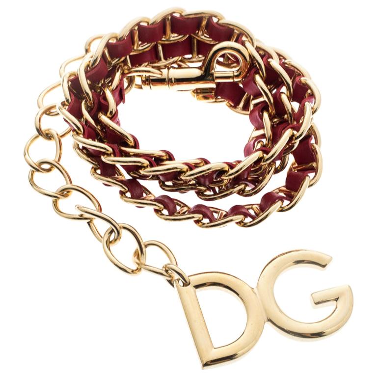 Dolce and Gabbana Red Interlaced Leather Gold Tone Chain Belt