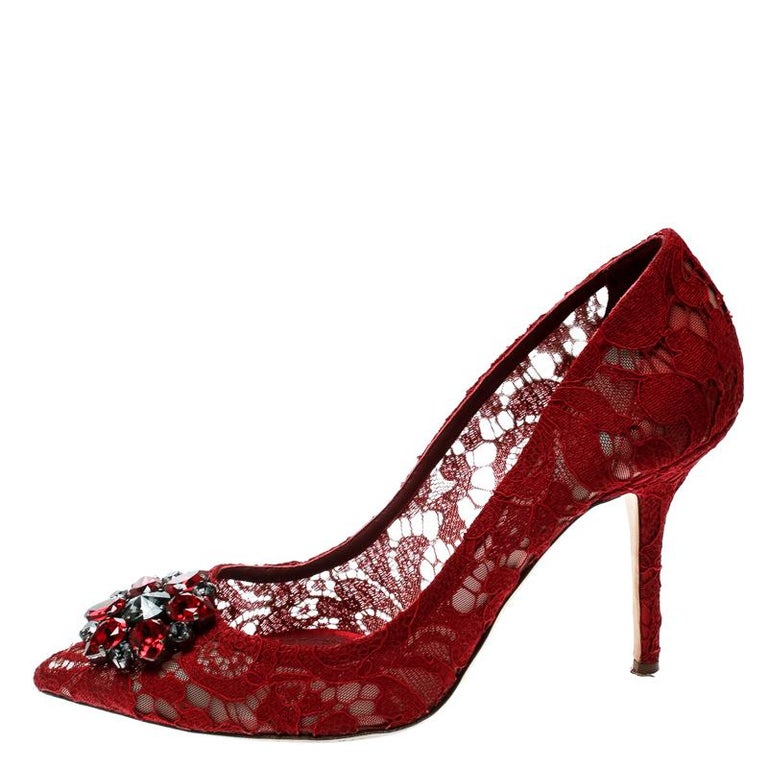 Dolce and Gabbana Red Lace Bellucci Crystal Pumps Size 40.5 For Sale at ...
