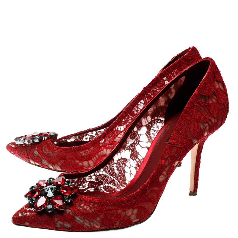 Dolce and Gabbana Red Lace Crystal Embellished Pointed Toe Pumps Size 40.5 1