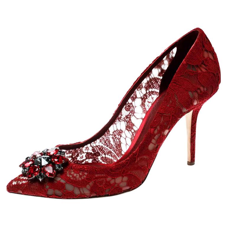 Dolce and Gabbana Red Lace Crystal Embellished Pointed Toe Pumps Size 40.5