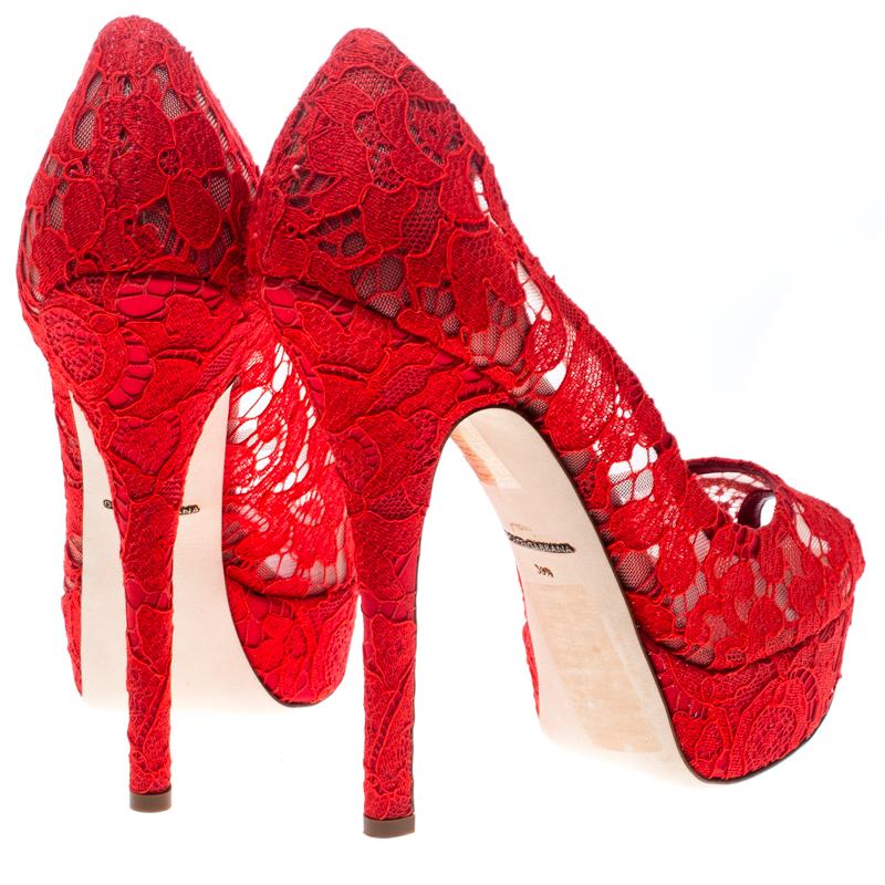 Dolce and Gabbana Red Lace Peep Toe Platform Pumps Size 39.5 1