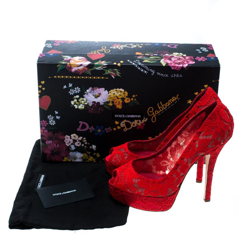 Dolce and Gabbana Red Lace Peep Toe Platform Pumps Size 39.5 4