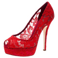 Dolce and Gabbana Red Lace Peep Toe Platform Pumps Size 39.5