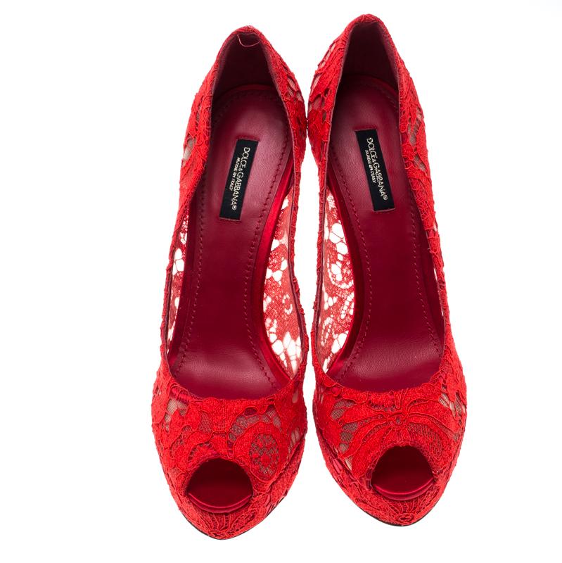 Women's Dolce and Gabbana Red Lace Peep Toe Platform Pumps Size 41