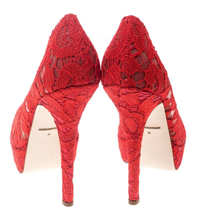 Dolce and Gabbana Red Lace Peep Toe Platform Pumps Size 41 2