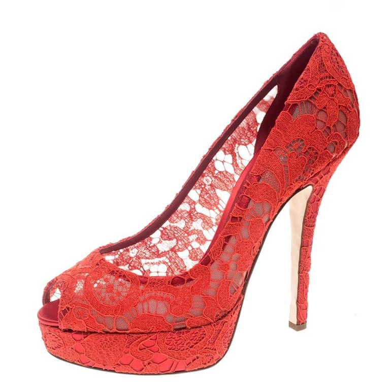 Dolce and Gabbana Red Lace Peep Toe Platform Pumps Size 41 For Sale at ...