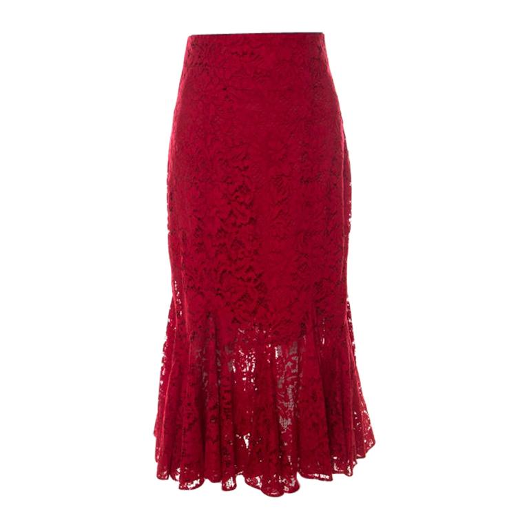 Dolce and Gabbana Red Lace Ruffled Skirt S