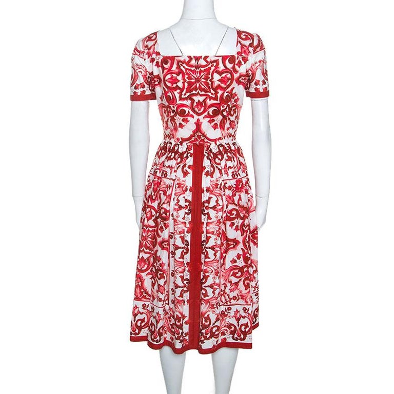 Dolce and Gabbana Red Majolica Printed Cotton Pleated Midi Dress S at ...