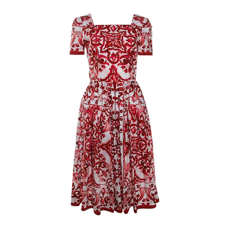 Dolce and Gabbana Red Majolica Printed Cotton Pleated Midi Dress S
