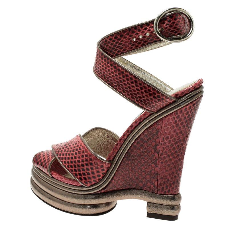 Brown Dolce and Gabbana Red Watersnake Criss Cross Wedge Platform Sandals Size 36.5