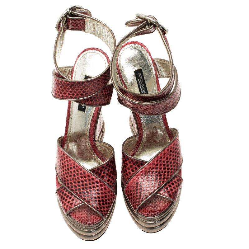 Dolce and Gabbana Red Watersnake Criss Cross Wedge Platform Sandals Size 36.5 1