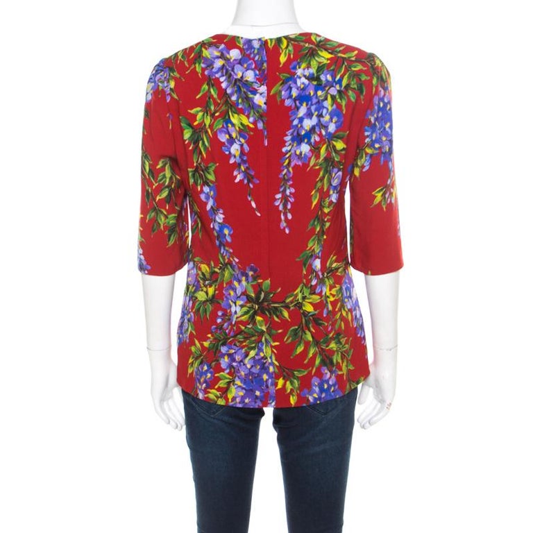 Dolce and Gabbana Red Wisteria Floral Print Short Sleeve Top M For Sale ...