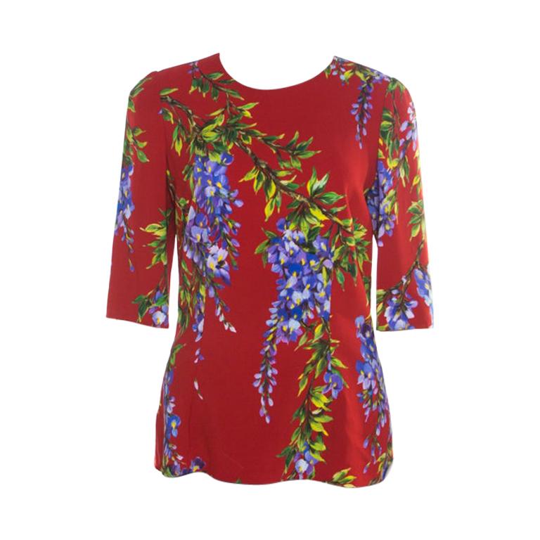 Dolce and Gabbana Red Wisteria Floral Print Short Sleeve Top M For Sale ...