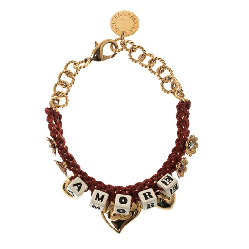 Dolce and Gabbana Red Woven Flower Embellished Amore Bracelet In New Condition In Dubai, Al Qouz 2