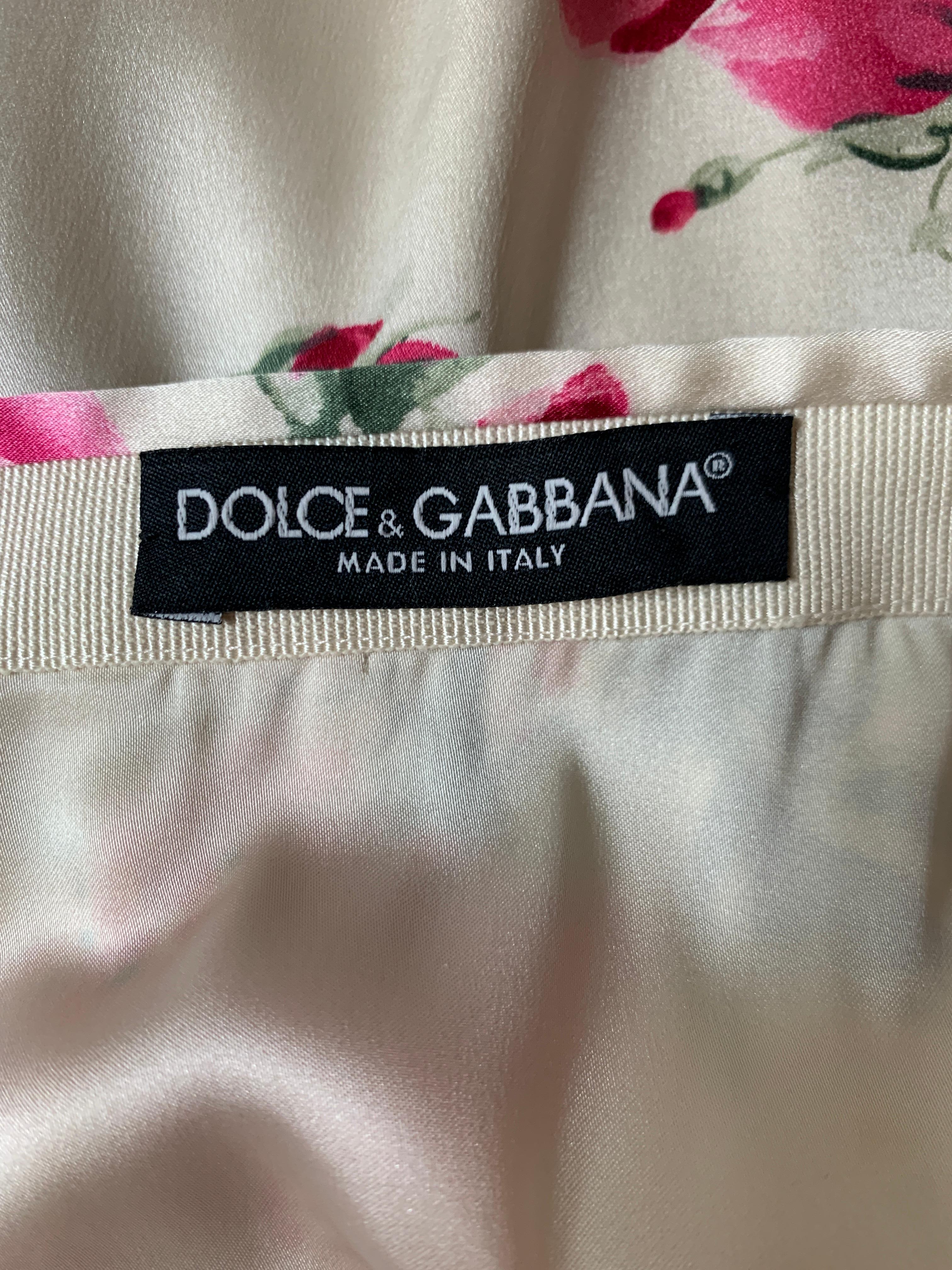 Brown Dolce and Gabbana Rose Floral Print Silk Skirt Pink and Cream White